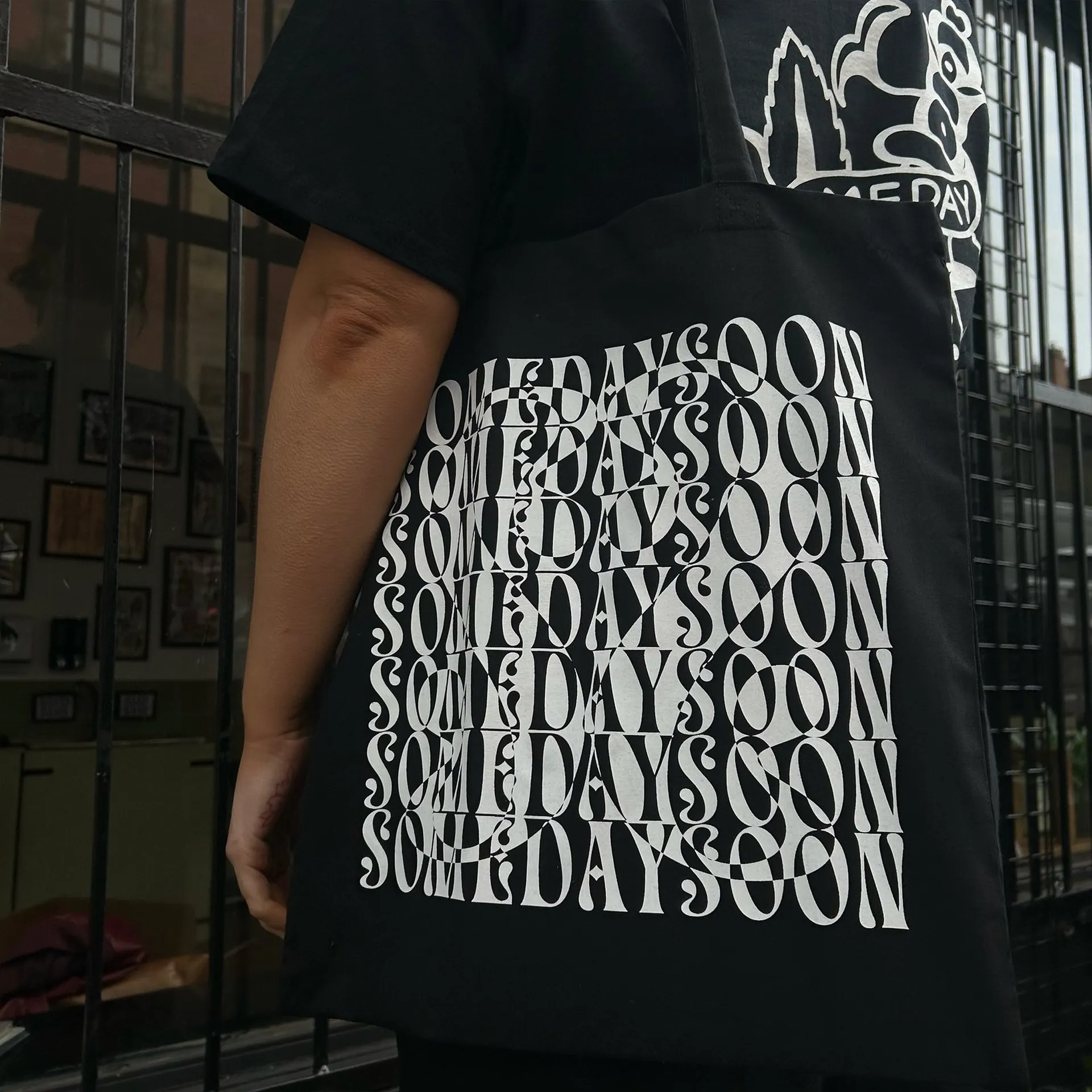 The Someday Soon tote, screen printed with the studio wordmark